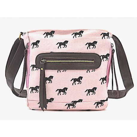 Canvas Schultertasche - rosa mit Pferden