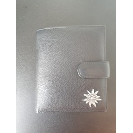 Lederportmonnaie schwarz mit kleinem Edelweiss- hochformat 10.5x13cm